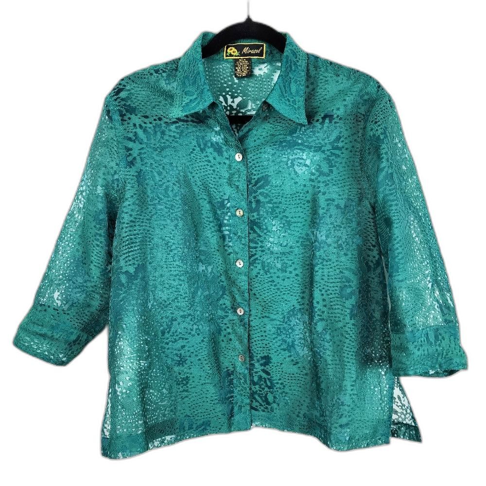 Mirasol Green Floral Burnout Blouse Sheer Linen Blend Boho Whimsigoth Top Sz M